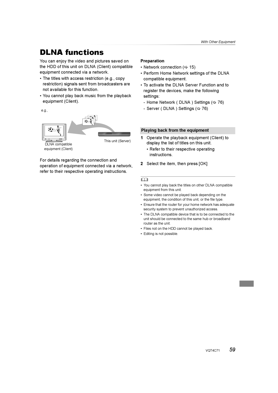 Panasonic DMR-XW390 operating instructions Dlna functions, Playing back from the equipment 