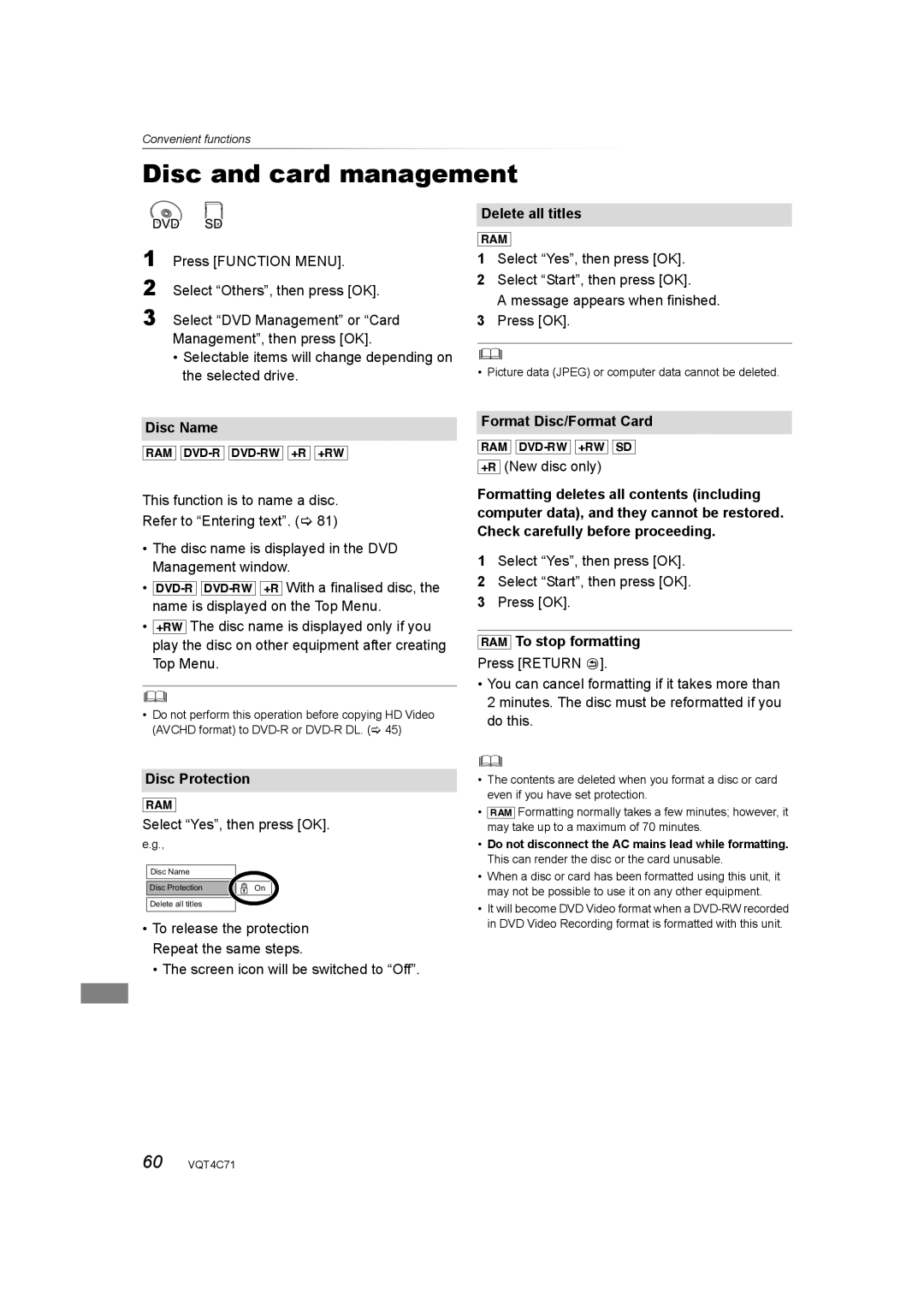 Panasonic DMR-XW390 operating instructions Disc and card management 