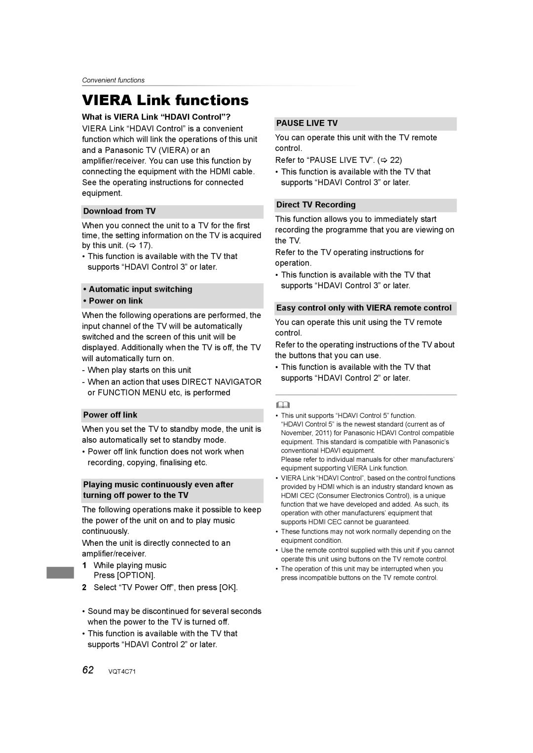 Panasonic DMR-XW390 operating instructions Viera Link functions, Pause Live TV 