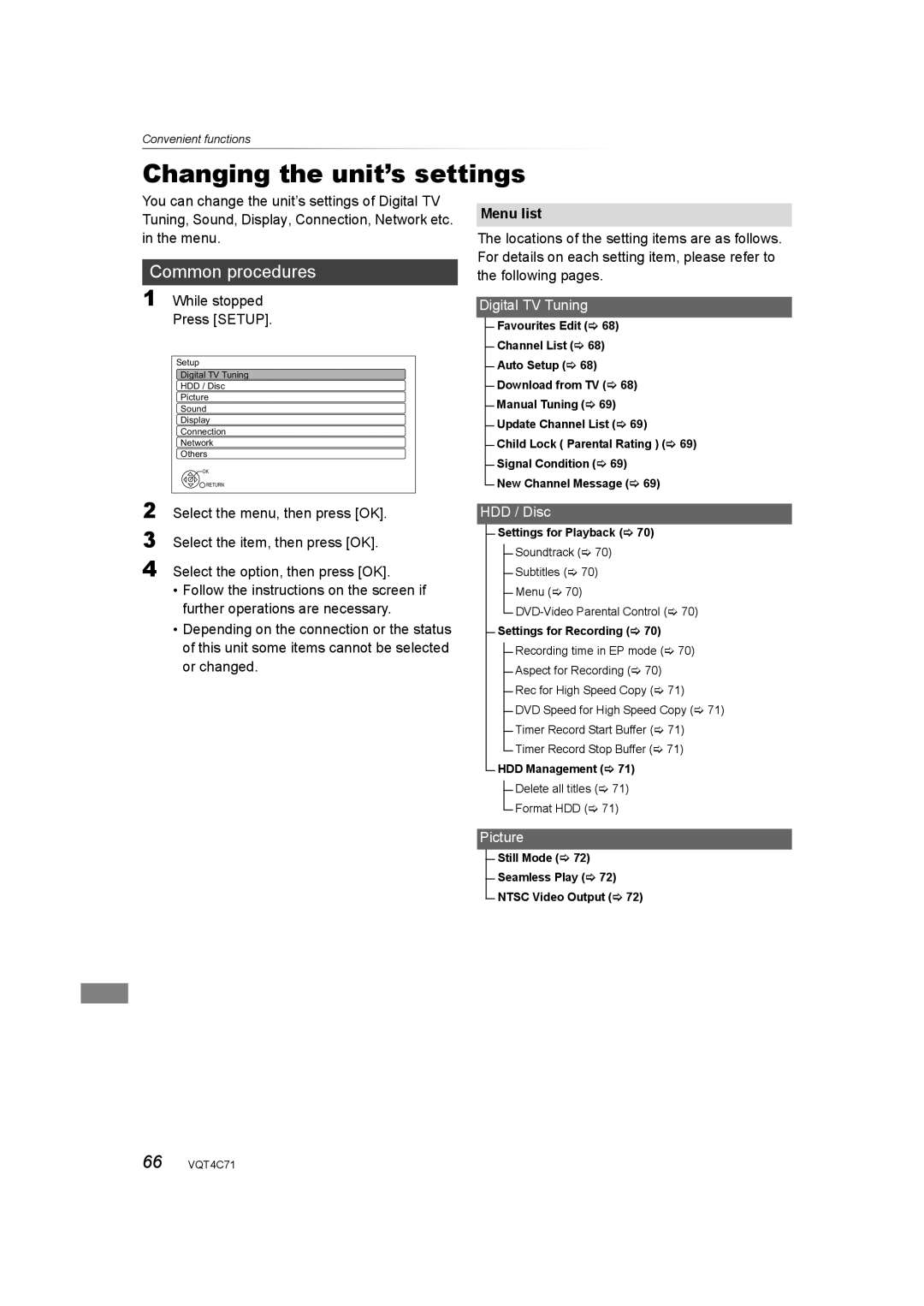 Panasonic DMR-XW390 Changing the unit’s settings, Common procedures, While stopped Press Setup, Menu list 