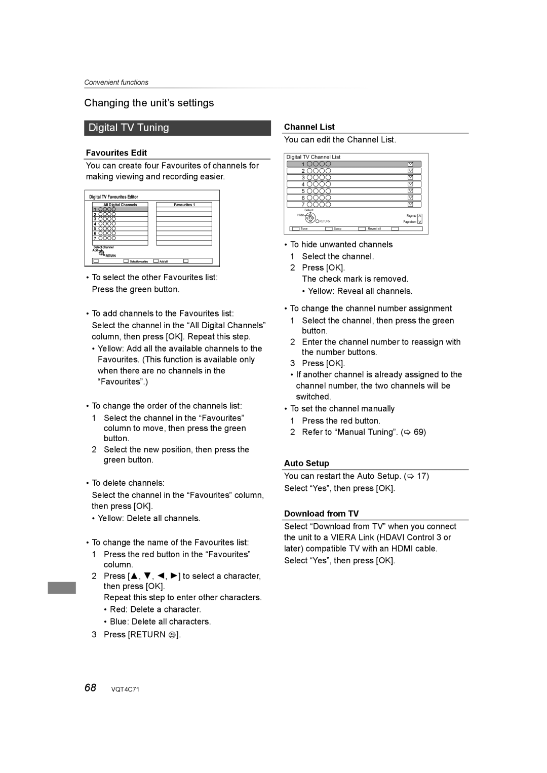 Panasonic DMR-XW390 Changing the unit’s settings, Digital TV Tuning, Favourites Edit, Channel List, Auto Setup 