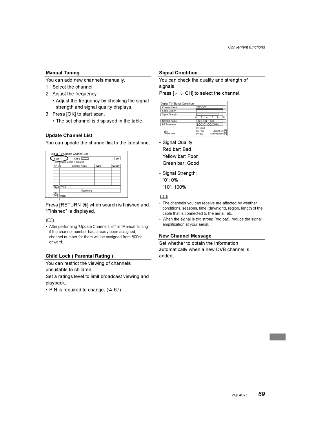 Panasonic DMR-XW390 Manual Tuning, Update Channel List, Child Lock Parental Rating, Signal Condition, New Channel Message 