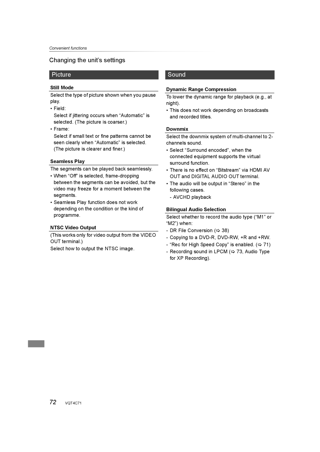 Panasonic DMR-XW390 operating instructions Picture, Sound 