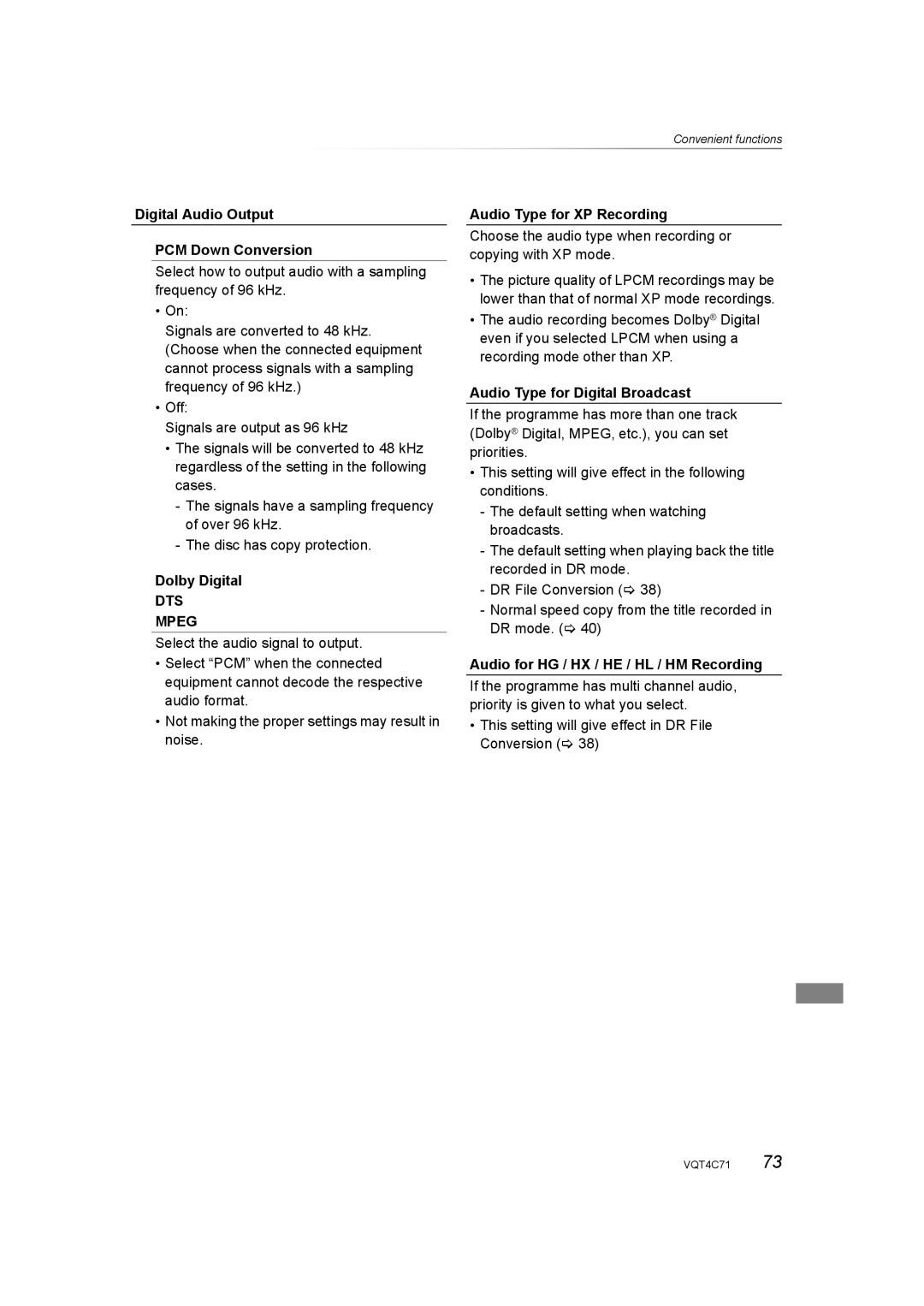 Panasonic DMR-XW390 operating instructions DTS Mpeg 