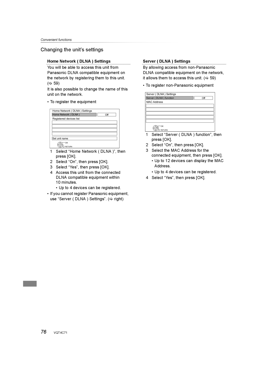 Panasonic DMR-XW390 operating instructions Home Network Dlna Settings, Server Dlna Settings 