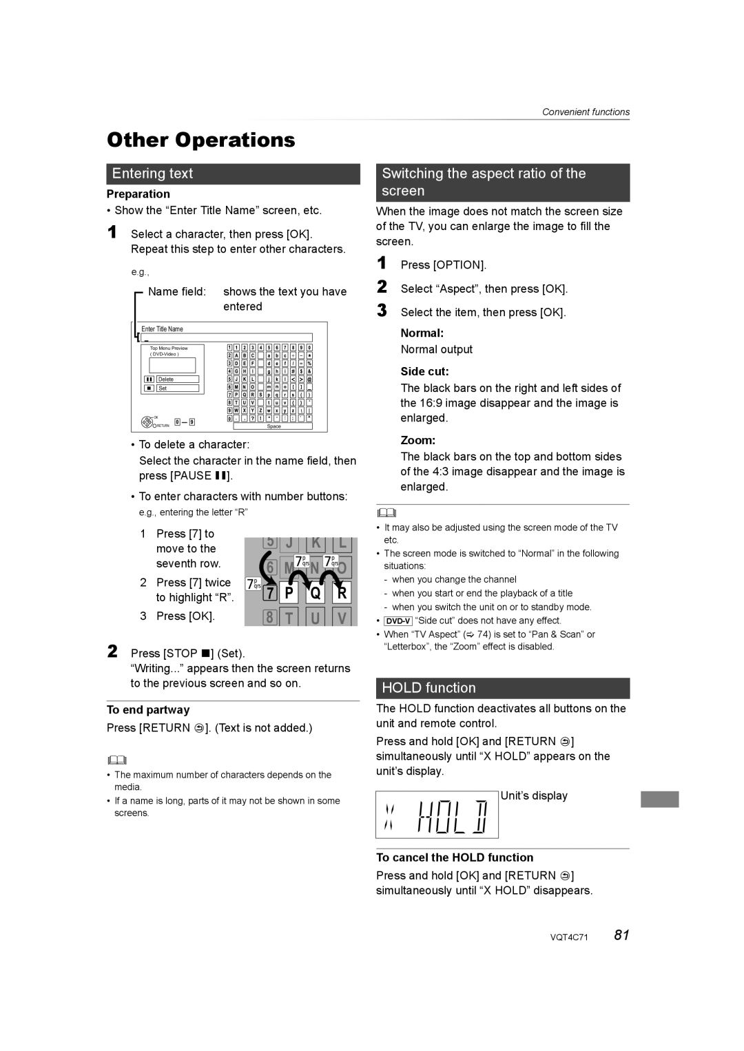 Panasonic DMR-XW390 Other Operations, Entering text, Switching the aspect ratio of the screen, Hold function 