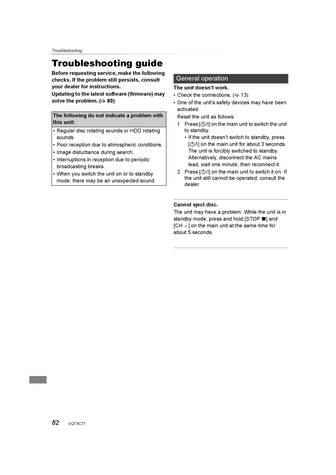 Panasonic DMR-XW390 Troubleshootin Troubleshooting guide, General operation, Unit doesn’t work, Cannot eject disc 