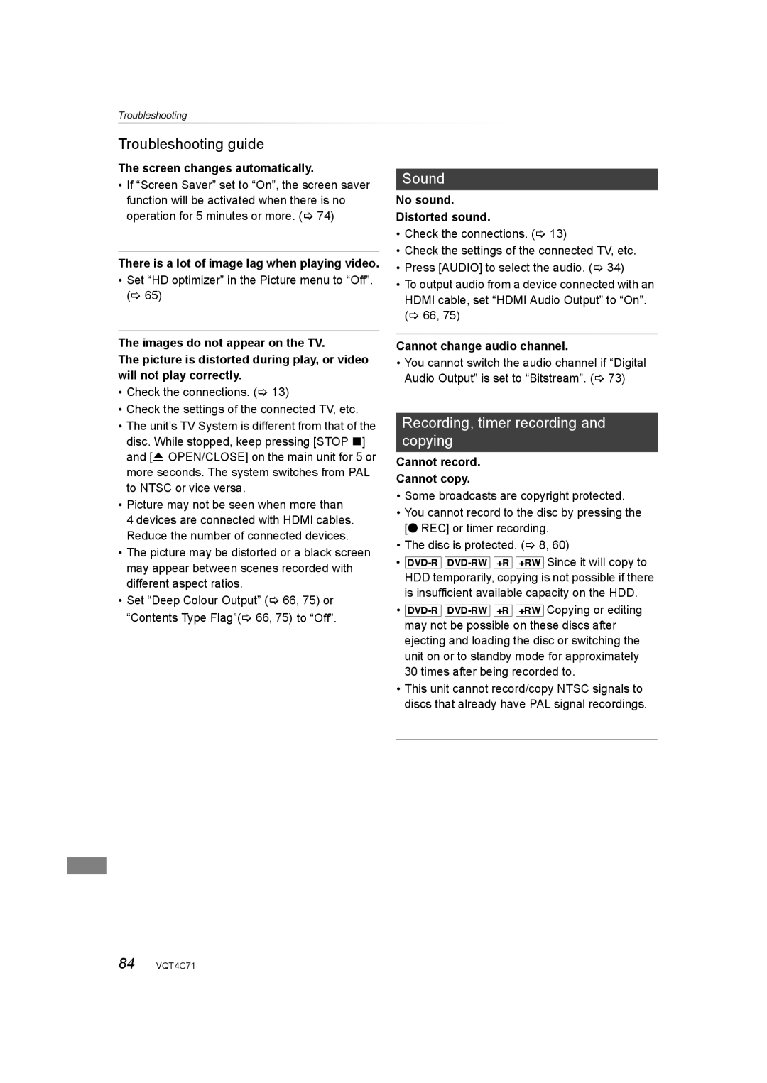 Panasonic DMR-XW390 operating instructions Troubleshooting guide, Recording, timer recording and copying 