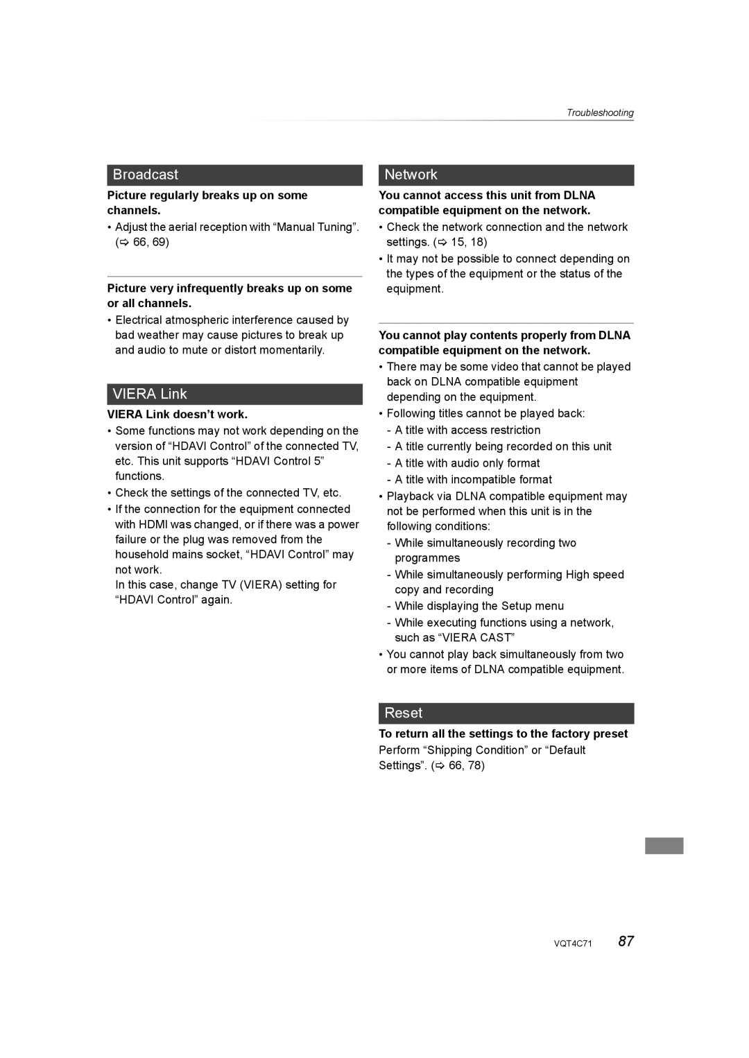 Panasonic DMR-XW390 operating instructions Broadcast, Viera Link, Reset 