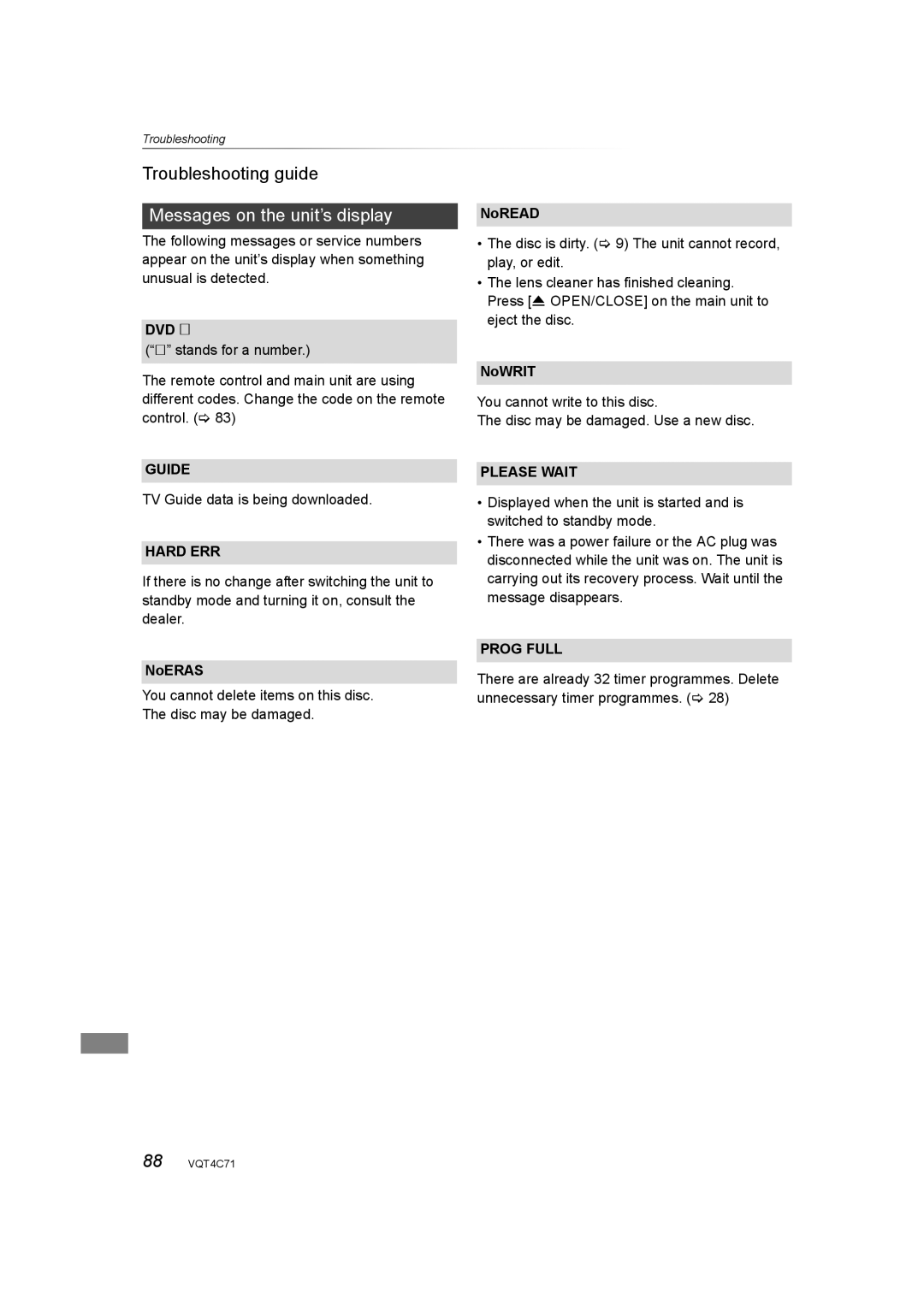 Panasonic DMR-XW390 operating instructions Messages on the unit’s display 