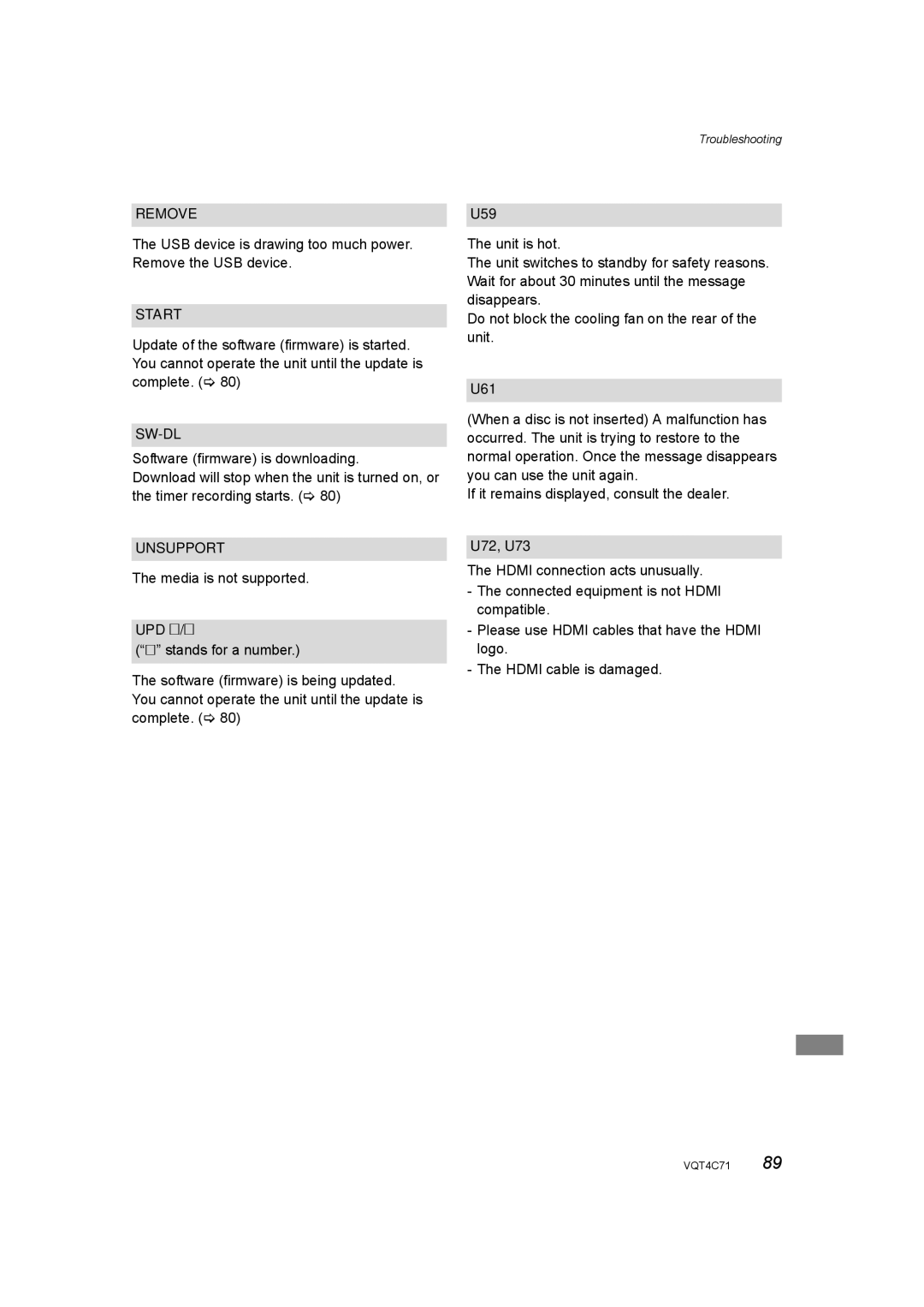 Panasonic DMR-XW390 operating instructions Remove, Start, Sw-Dl, Unsupport 