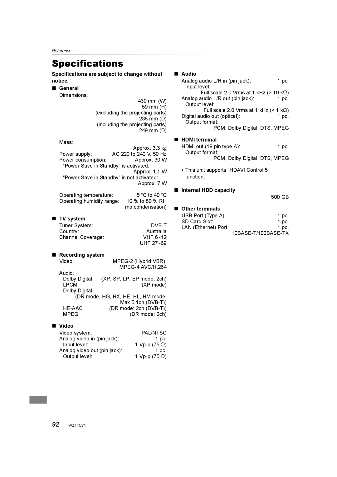 Panasonic DMR-XW390 Reference Specifications, Recording system, Audio, Internal HDD capacity, Other terminals 