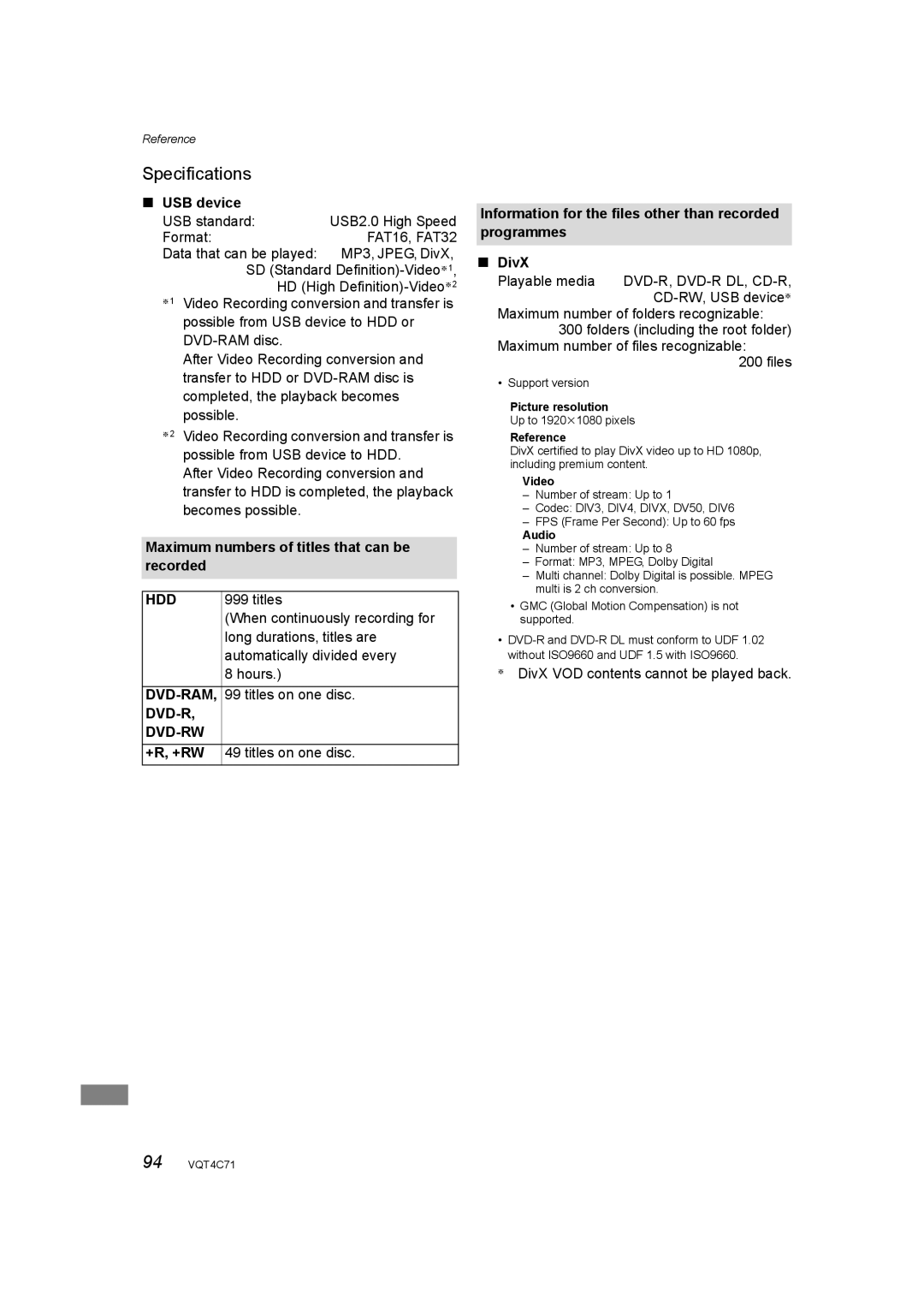 Panasonic DMR-XW390 operating instructions Specifications, Hdd, Dvd-Ram, Dvd-R Dvd-Rw 