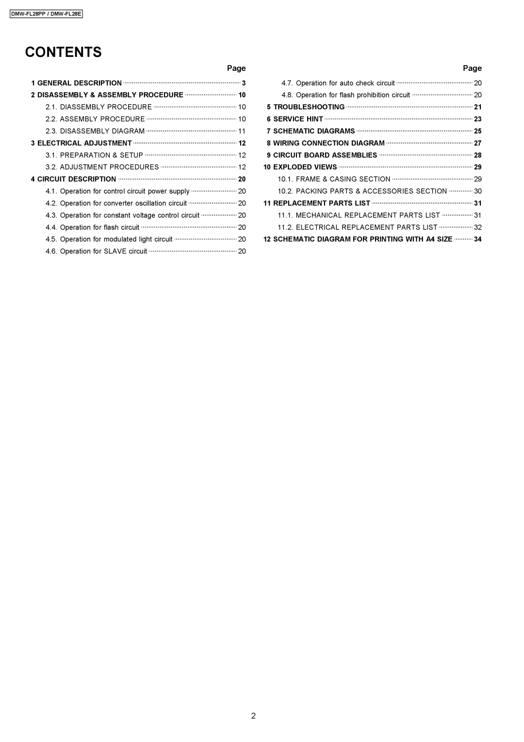 Panasonic DMW-FL28PP manual Contents 