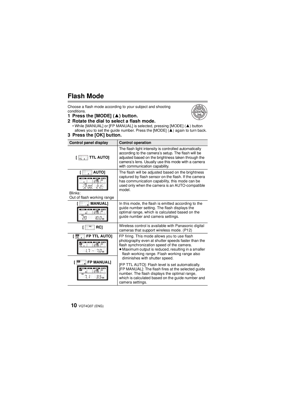 Panasonic DMW-FL360L operating instructions Flash Mode, Press the OK button 