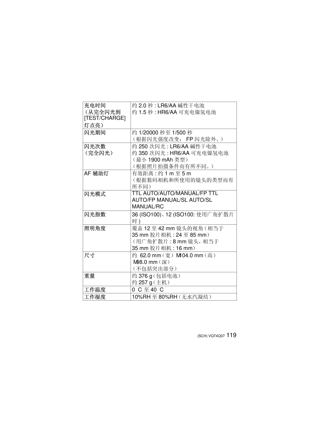 Panasonic DMW-FL360L operating instructions 充电时间 