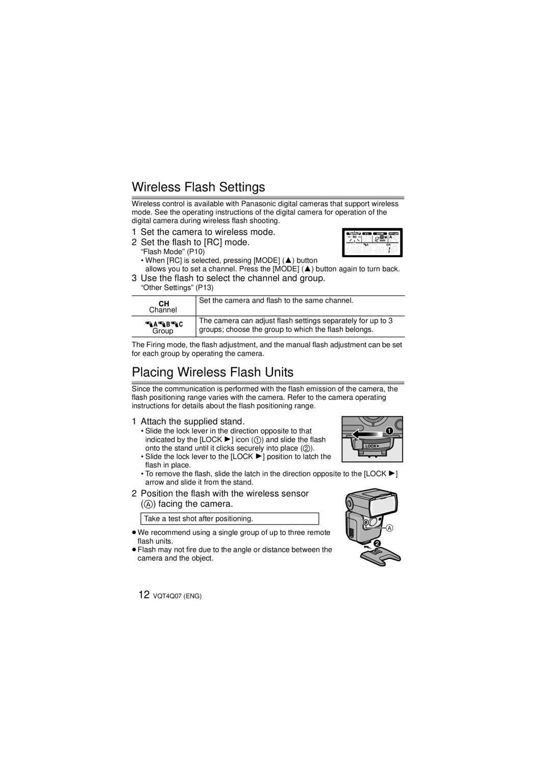 Panasonic DMW-FL360L Wireless Flash Settings, Placing Wireless Flash Units, Use the flash to select the channel and group 