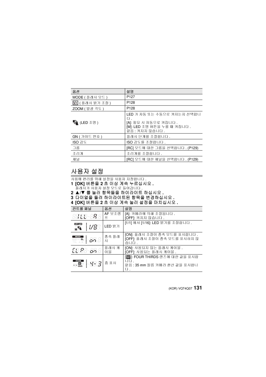 Panasonic DMW-FL360L operating instructions 사용자 설정, OK 버튼을 2 초 이상 계속 누르십시오, 컨트롤 패널 