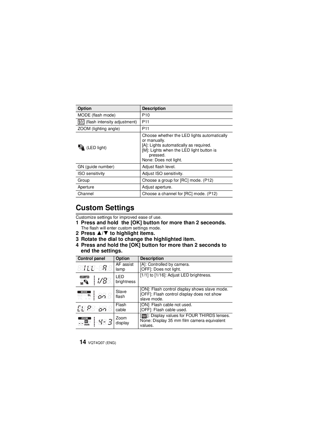 Panasonic DMW-FL360L Custom Settings, Press and hold the OK button for more than 2 seceonds, Option Description 