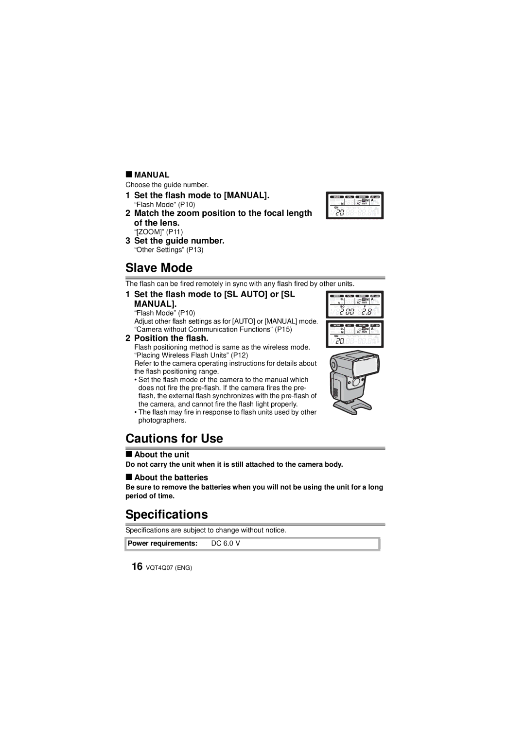 Panasonic DMW-FL360L operating instructions Slave Mode, Specifications 