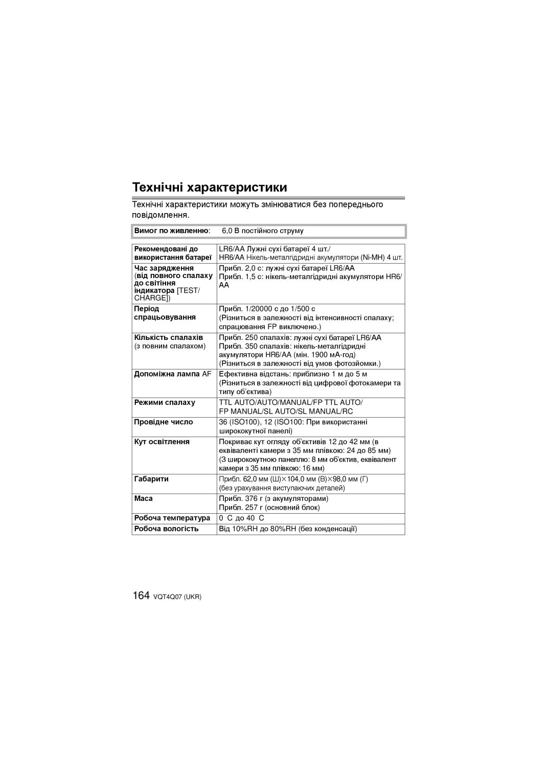 Panasonic DMW-FL360L operating instructions Технічні характеристики 