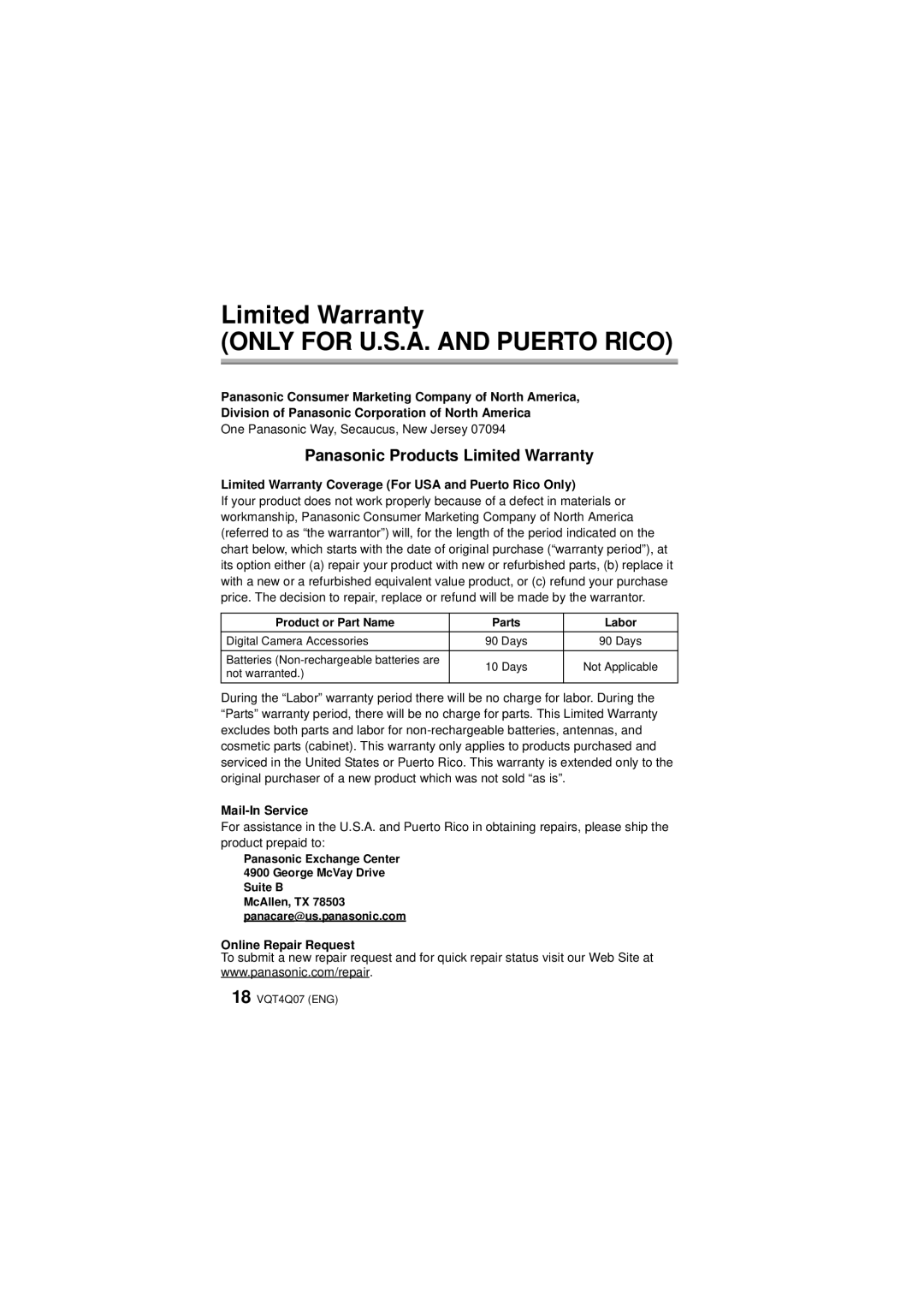 Panasonic DMW-FL360L Limited Warranty Coverage For USA and Puerto Rico Only, Product or Part Name Parts Labor 