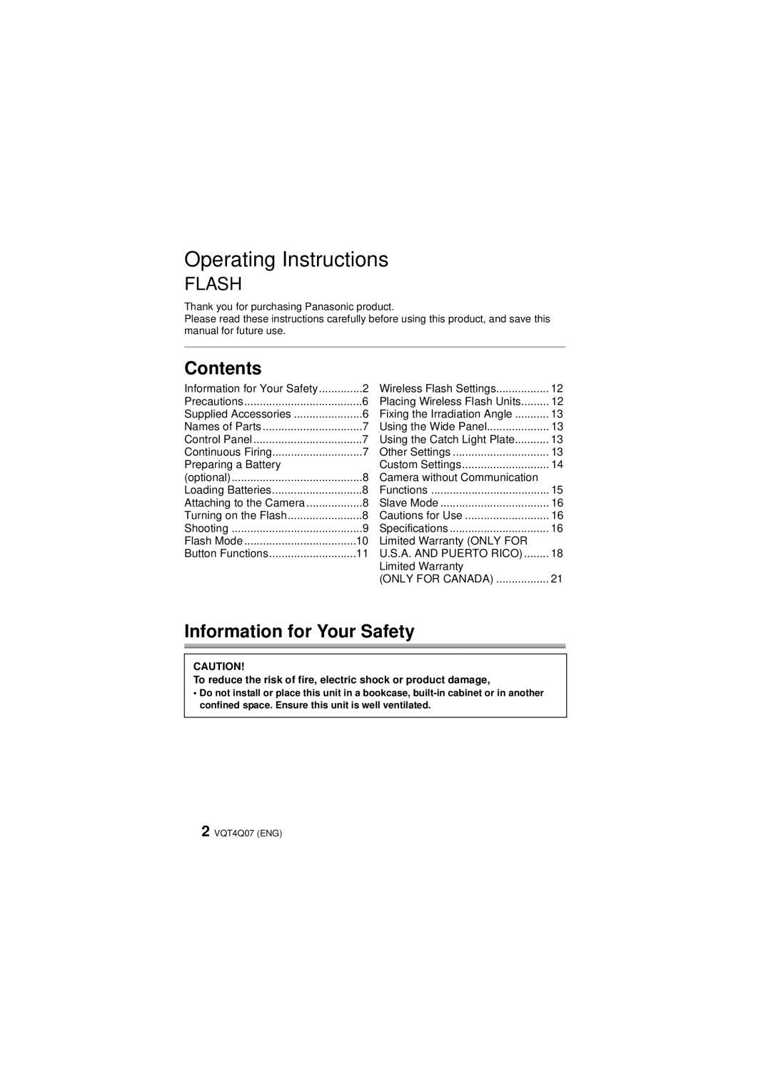 Panasonic DMW-FL360L operating instructions Contents, Information for Your Safety 