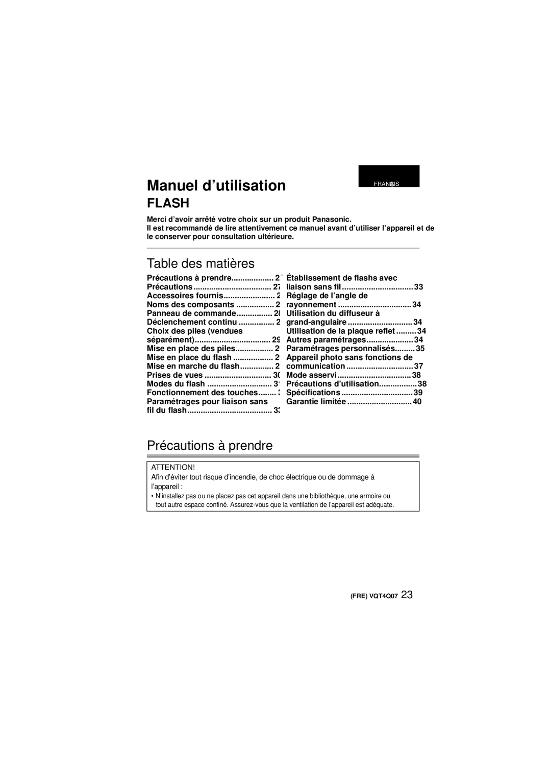 Panasonic DMW-FL360L operating instructions Table des matières, Précautions à prendre 