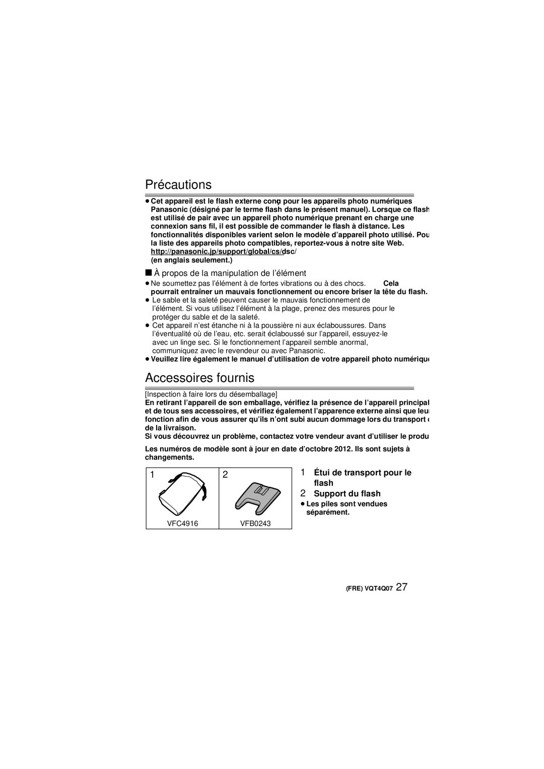 Panasonic DMW-FL360L operating instructions Précautions, Accessoires fournis, Propos de la manipulation de l’élément 