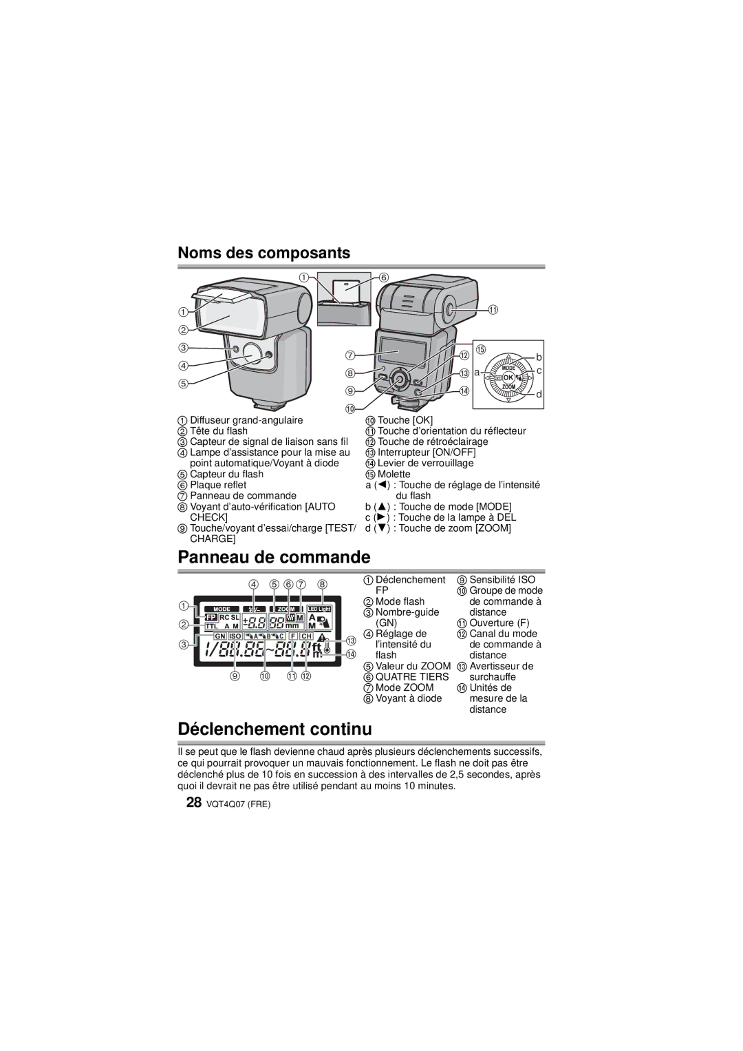 Panasonic DMW-FL360L operating instructions Panneau de commande, Déclenchement continu 