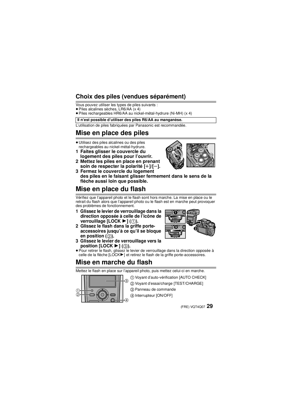 Panasonic DMW-FL360L operating instructions Mise en place des piles, Mise en place du flash, Mise en marche du flash 