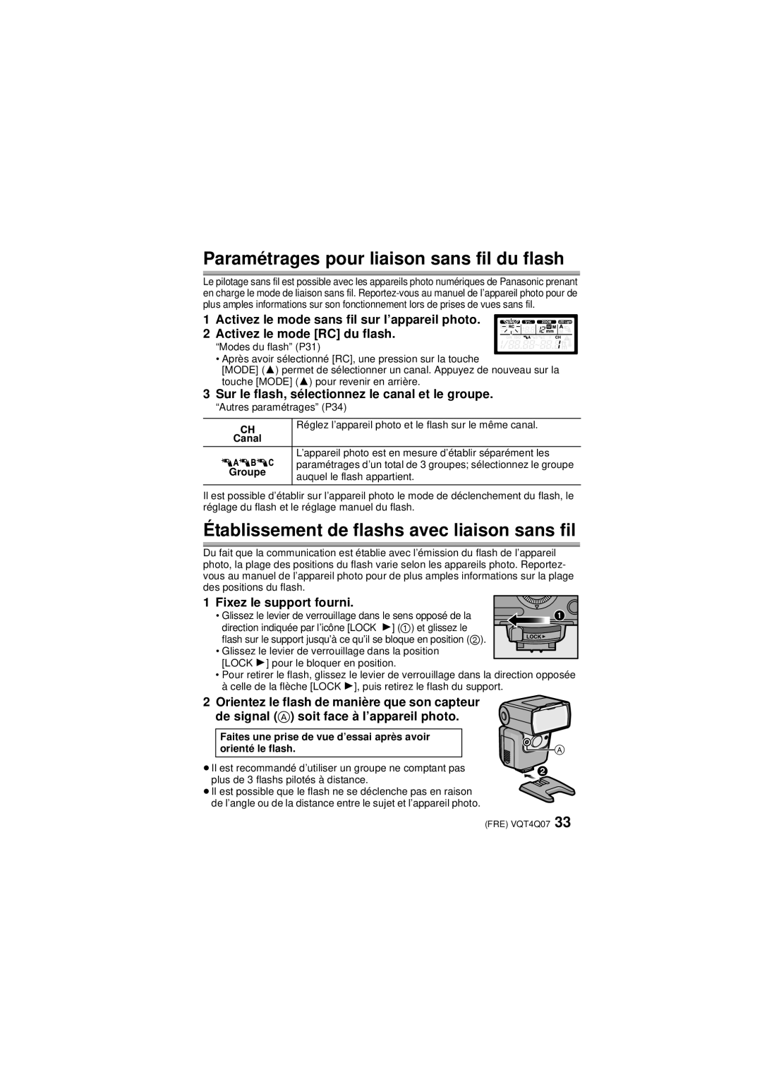 Panasonic DMW-FL360L Paramétrages pour liaison sans fil du flash, Établissement de flashs avec liaison sans fil 