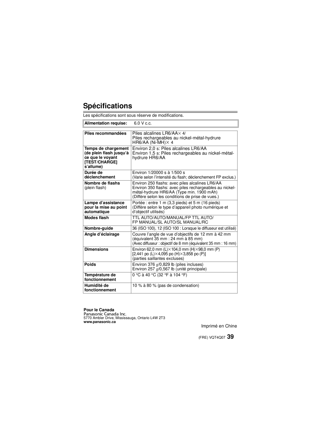 Panasonic DMW-FL360L Spécifications, Environ 2,0 s Piles alcalines LR6/AA, Hydrure HR6/AA, Imprimé en Chine, Test/Charge 