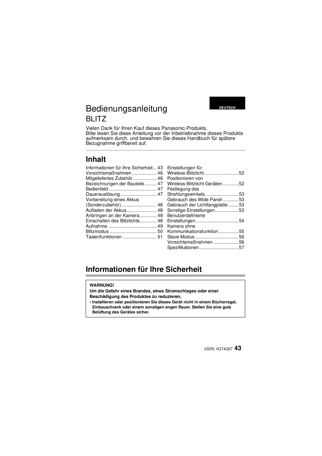 Panasonic DMW-FL360L operating instructions Inhalt, Informationen für Ihre Sicherheit 