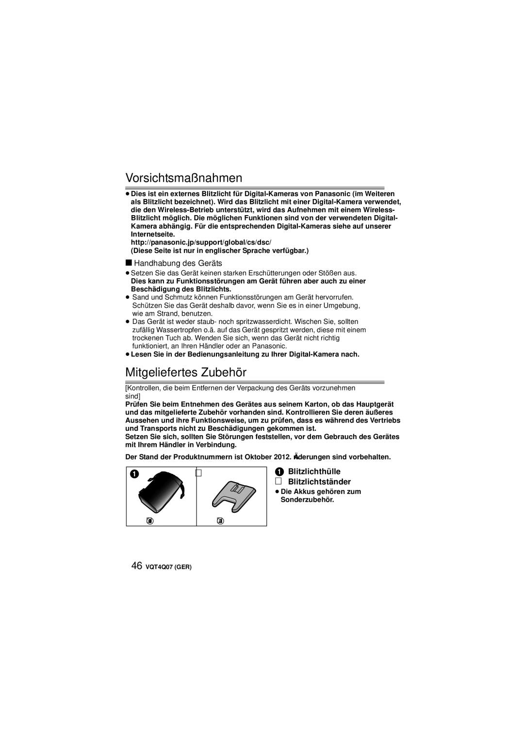 Panasonic DMW-FL360L operating instructions Vorsichtsmaßnahmen, Mitgeliefertes Zubehör, Handhabung des Geräts 