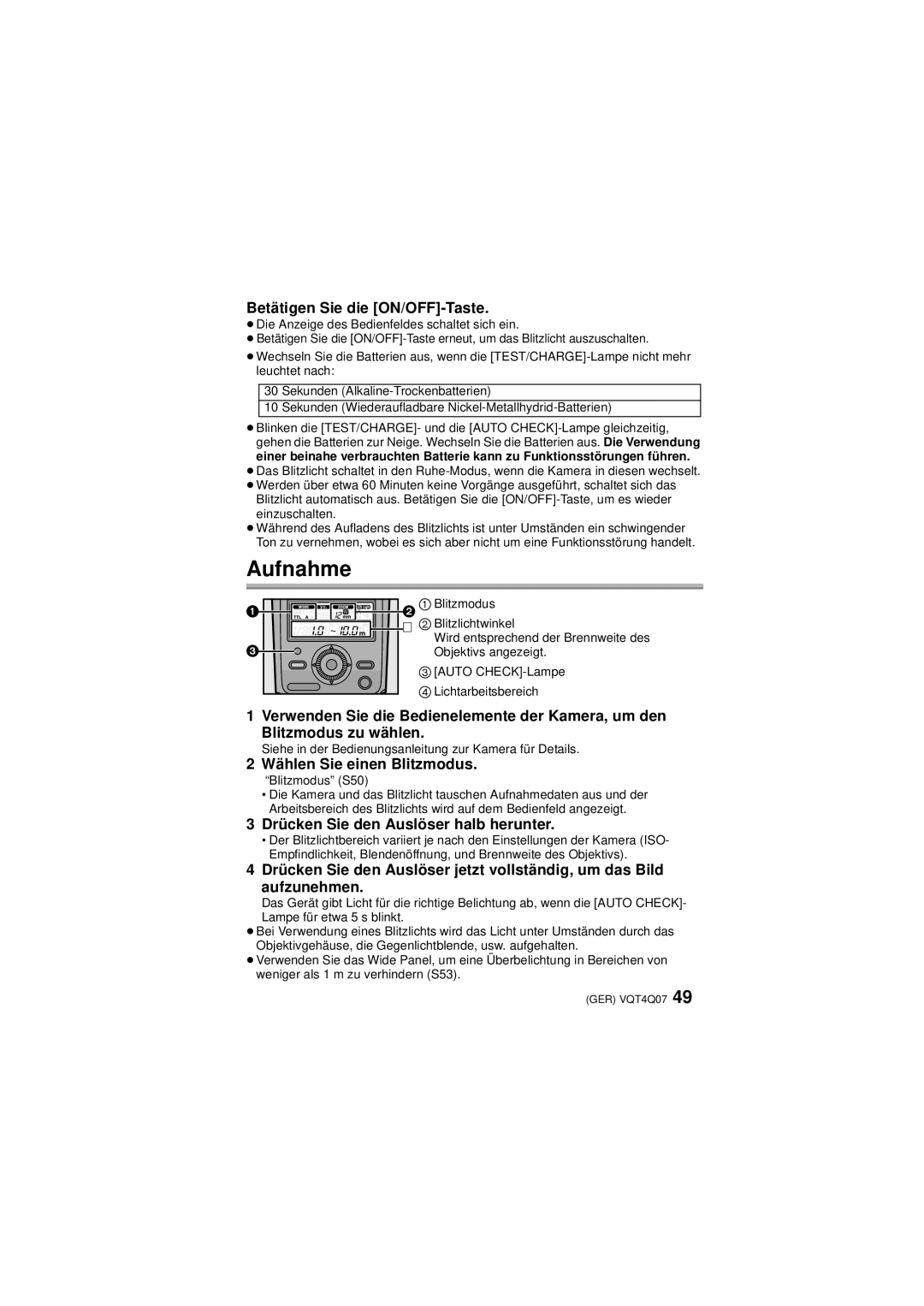 Panasonic DMW-FL360L operating instructions Aufnahme, Betätigen Sie die ON/OFF-Taste, Wählen Sie einen Blitzmodus 