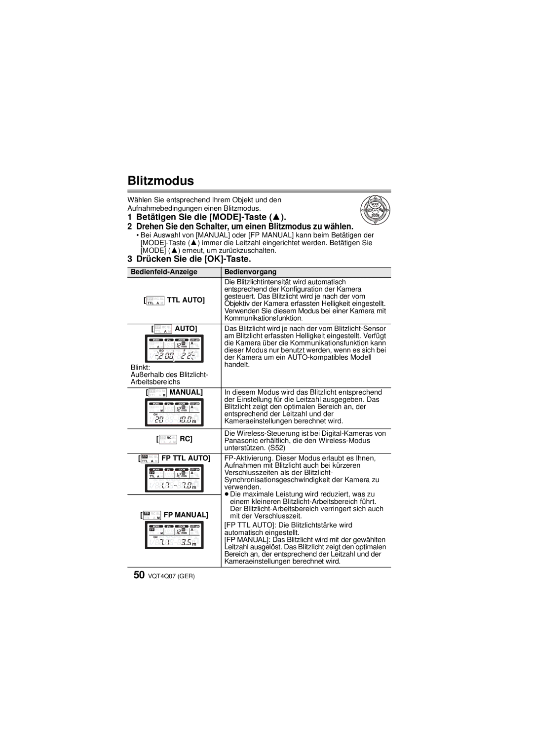 Panasonic DMW-FL360L operating instructions Blitzmodus, Drücken Sie die OK-Taste, Bedienfeld-Anzeige Bedienvorgang 