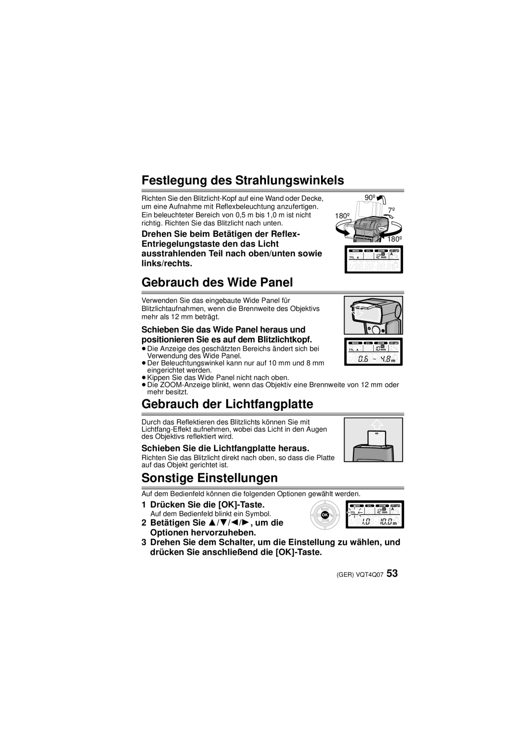 Panasonic DMW-FL360L operating instructions Gebrauch des Wide Panel, Gebrauch der Lichtfangplatte, Sonstige Einstellungen 