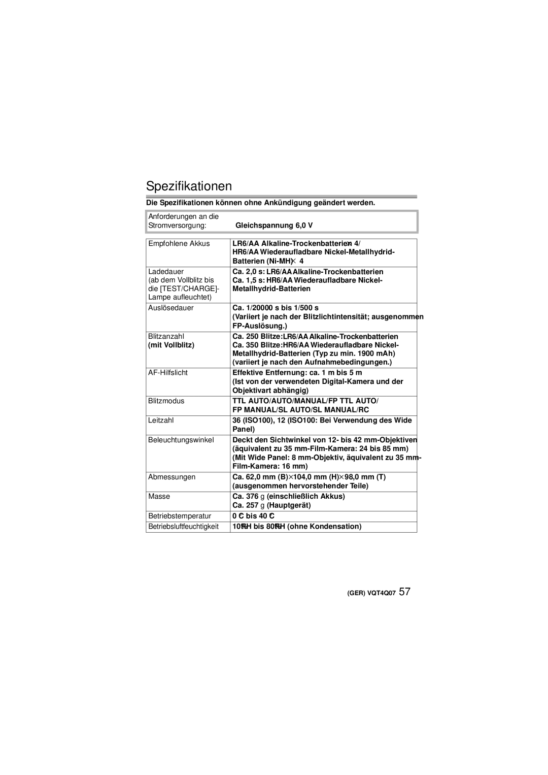 Panasonic DMW-FL360L operating instructions Spezifikationen 