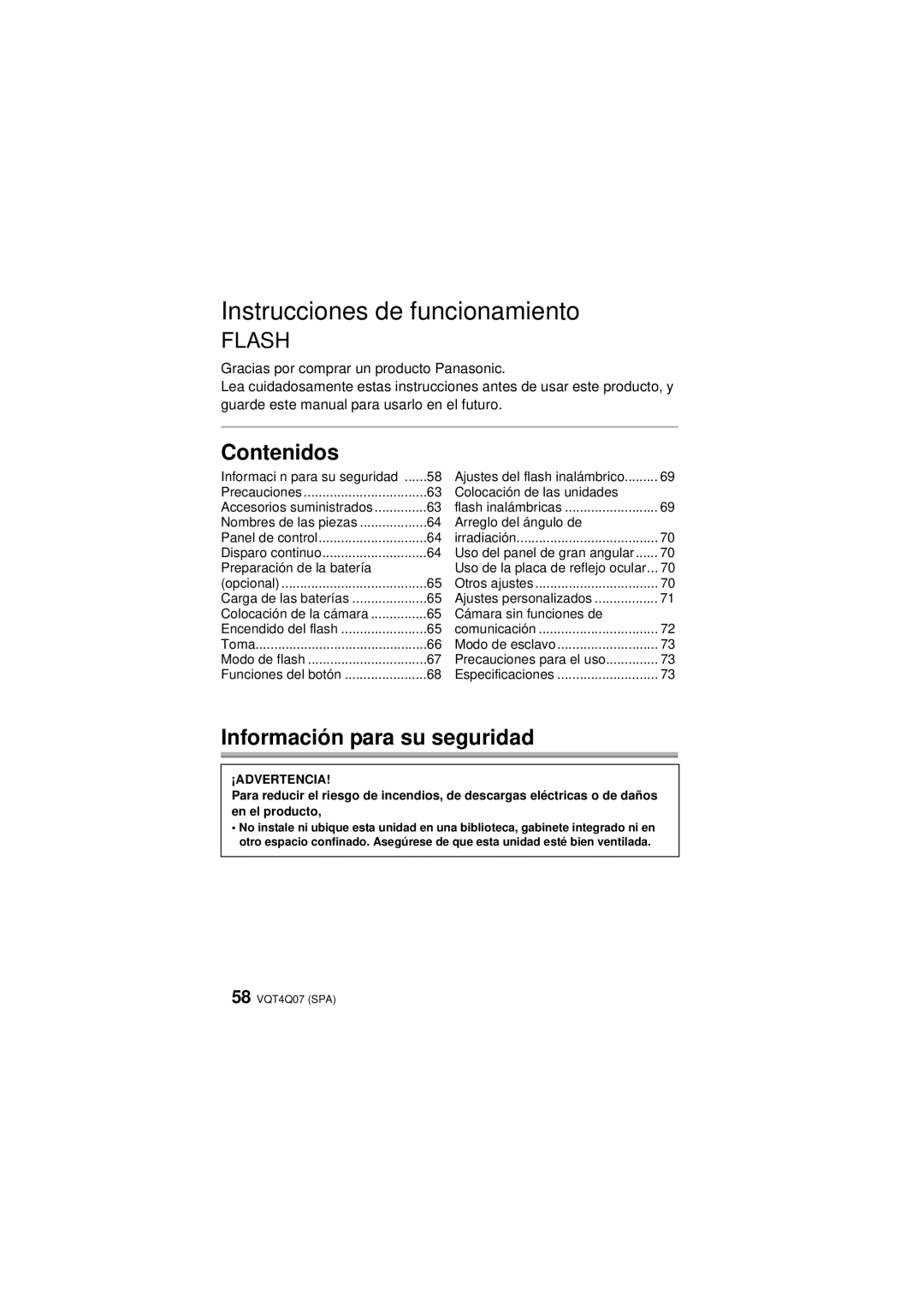 Panasonic DMW-FL360L operating instructions Contenidos, Información para su seguridad 