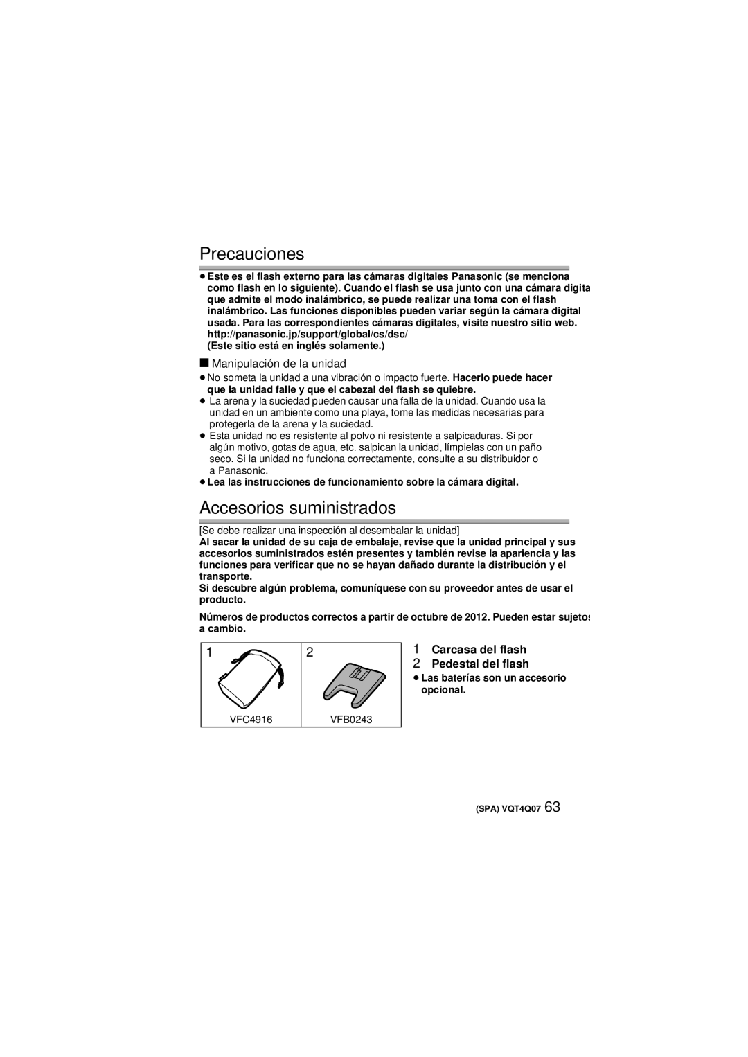 Panasonic DMW-FL360L operating instructions Precauciones, Accesorios suministrados, Manipulación de la unidad 