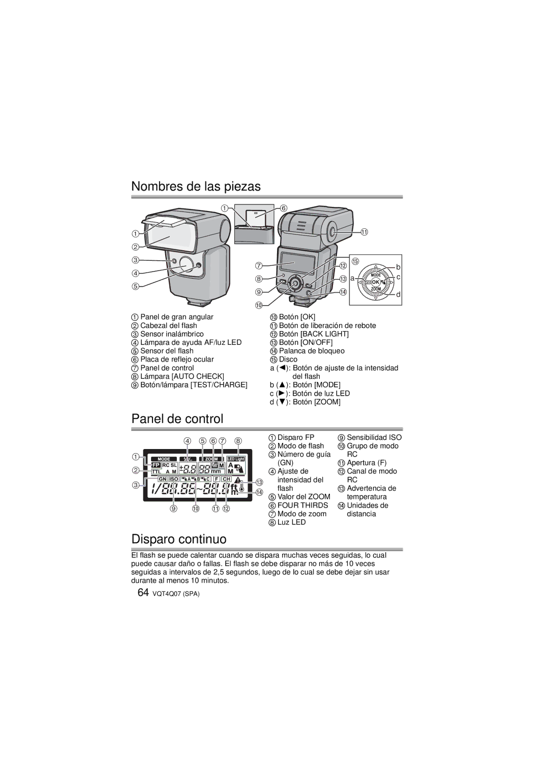 Panasonic DMW-FL360L operating instructions Nombres de las piezas, Panel de control, Disparo continuo 