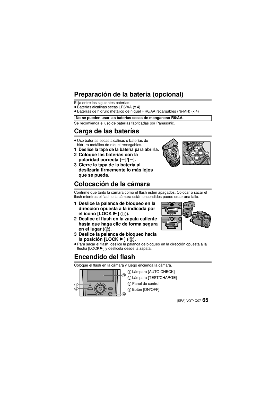 Panasonic DMW-FL360L Preparación de la batería opcional, Carga de las baterías, Colocación de la cámara 