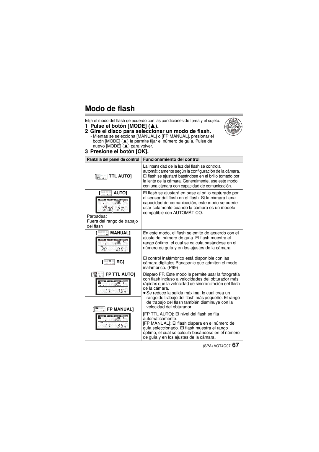 Panasonic DMW-FL360L operating instructions Modo de flash, Presione el botón OK, Funcionamiento del control 