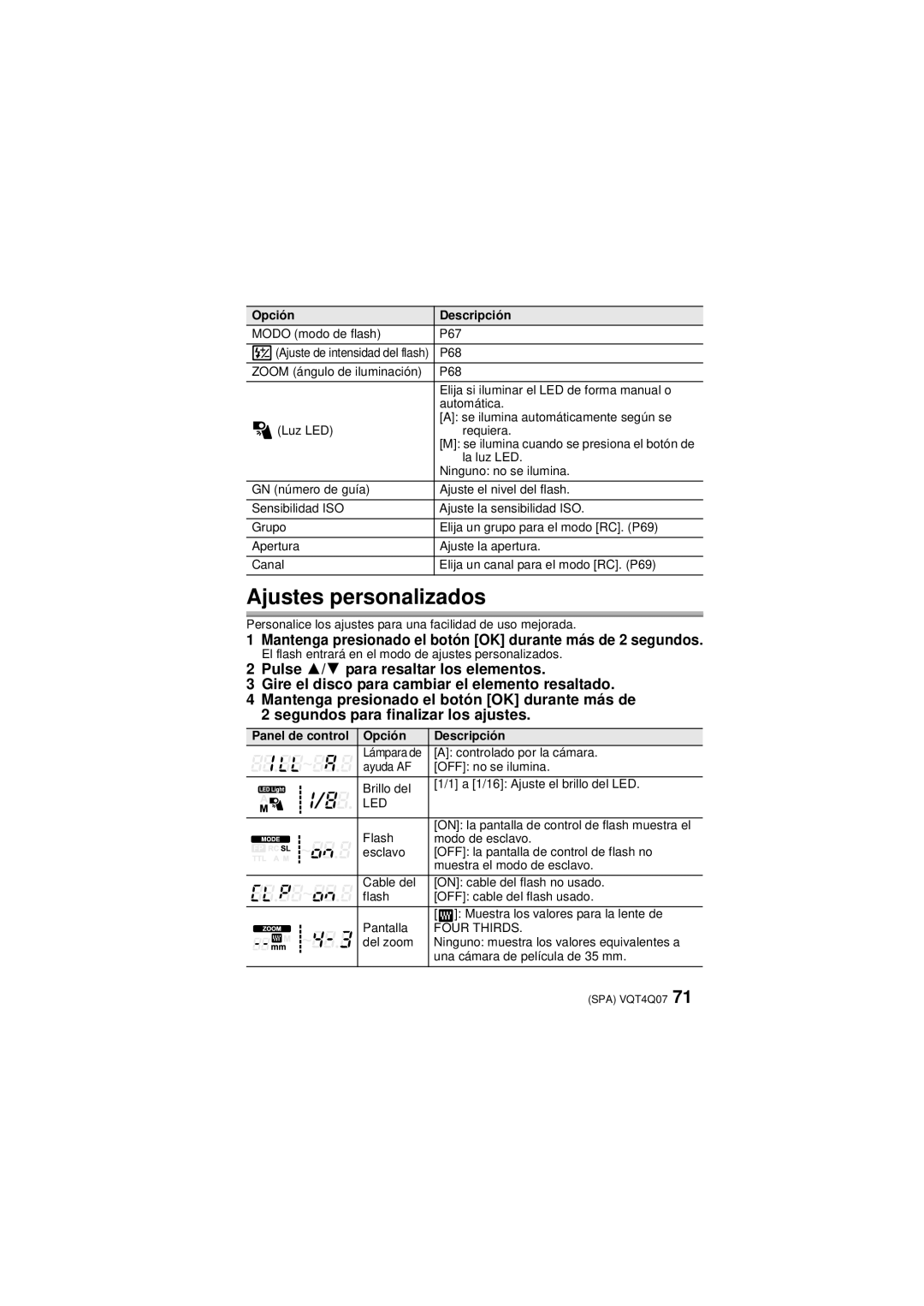 Panasonic DMW-FL360L operating instructions Ajustes personalizados, Panel de control Opción Descripción 