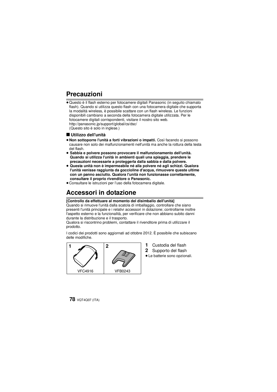 Panasonic DMW-FL360L operating instructions Precauzioni, Accessori in dotazione, Utilizzo dellunità 