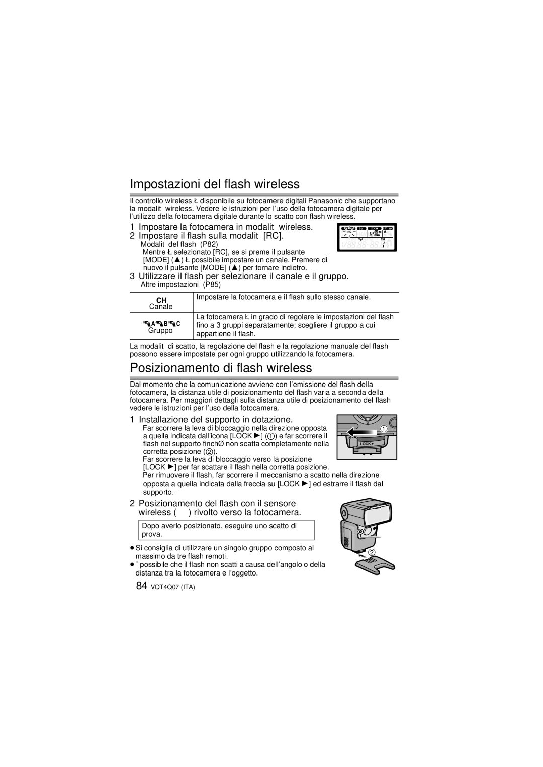 Panasonic DMW-FL360L operating instructions Impostazioni del flash wireless, Posizionamento di flash wireless, Canale 