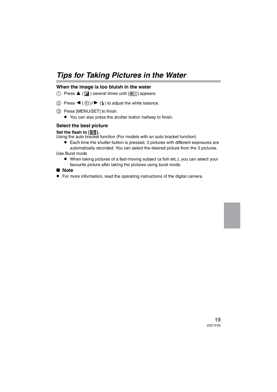 Panasonic DMW-MCTZ3 operating instructions Tips for Taking Pictures in the Water, When the image is too bluish in the water 