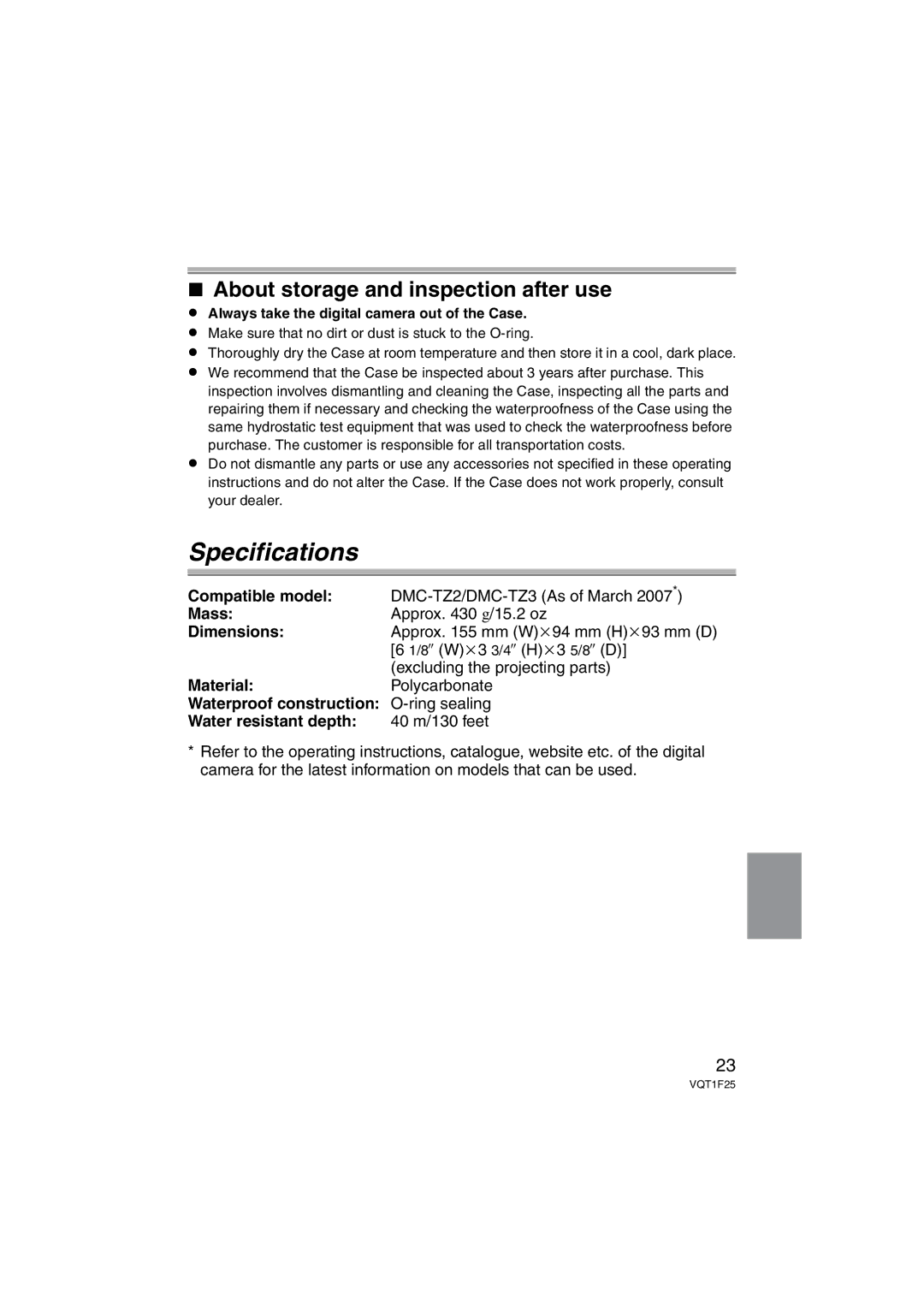 Panasonic DMW-MCTZ3 operating instructions Specifications 