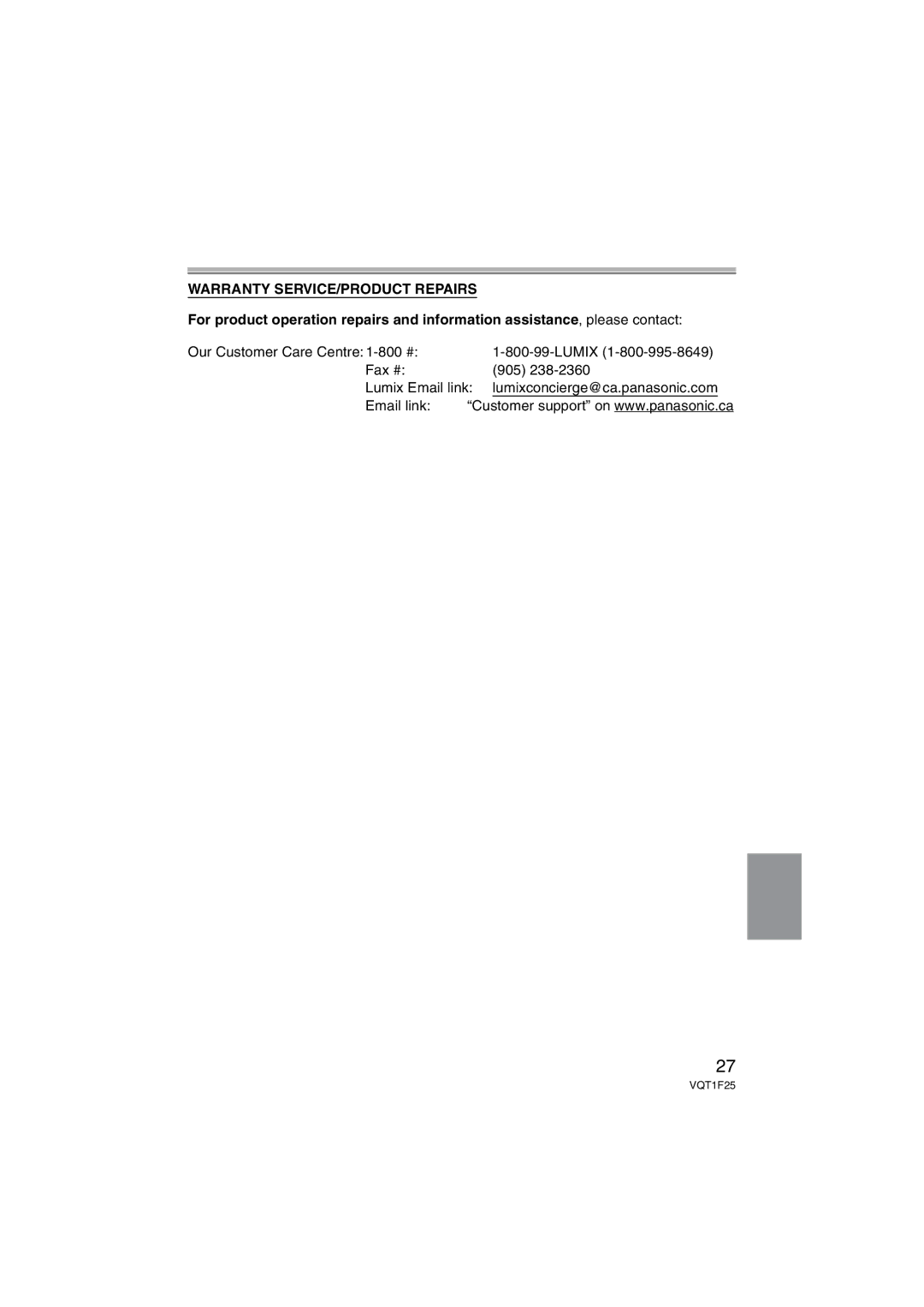 Panasonic DMW-MCTZ3 operating instructions Warranty SERVICE/PRODUCT Repairs 